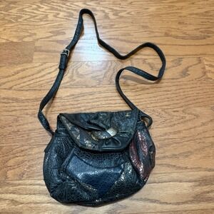 Nas Bag Embossed Leather Crossbody Bag Purse Black Metallic Unique Design